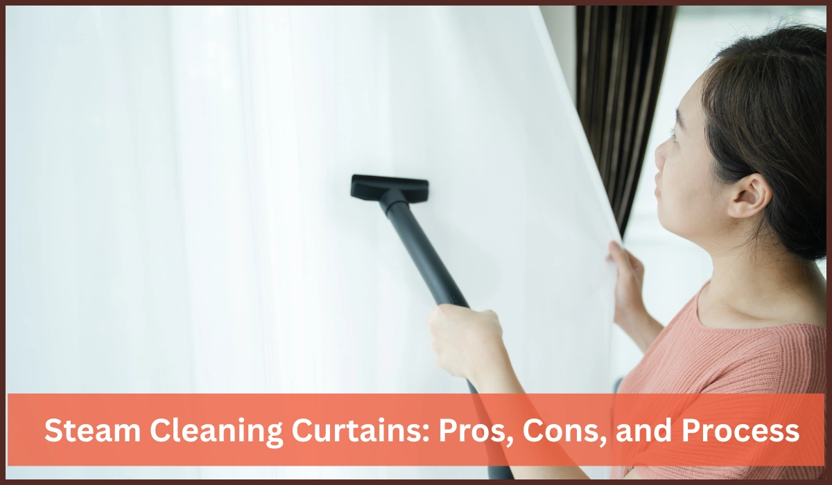 A woman steam cleaning a white curtain with a handheld steam cleaner.