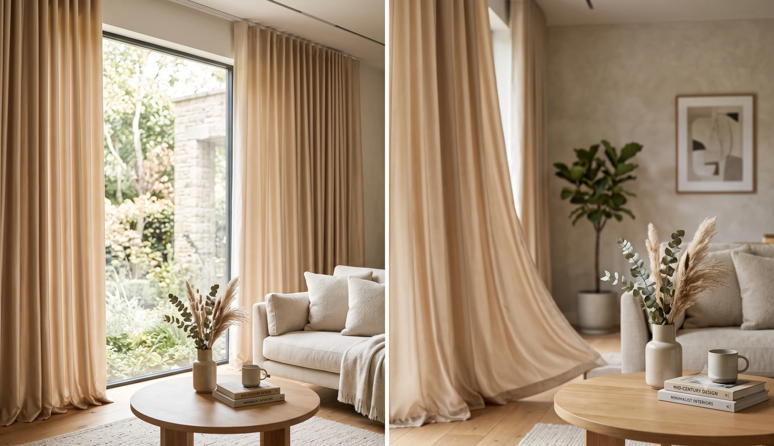 Elegant silk curtains hanging in a sunlit living room, showing smooth fabric with no shrinkage or damage